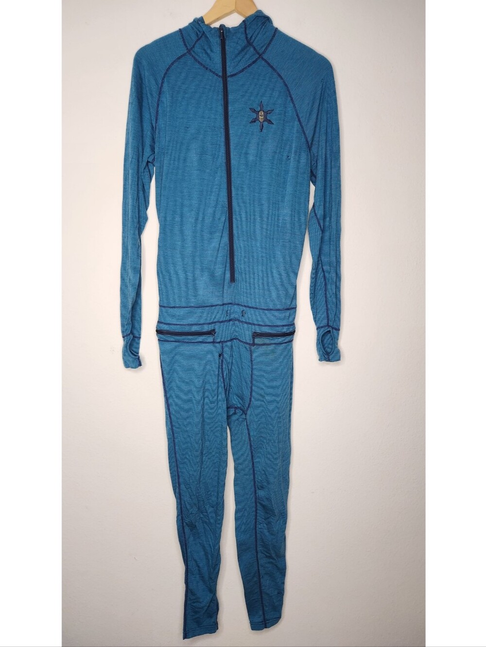 Airblaster Blue Striped Merino Wool Ninja body suit hooded zip waist Mens Small